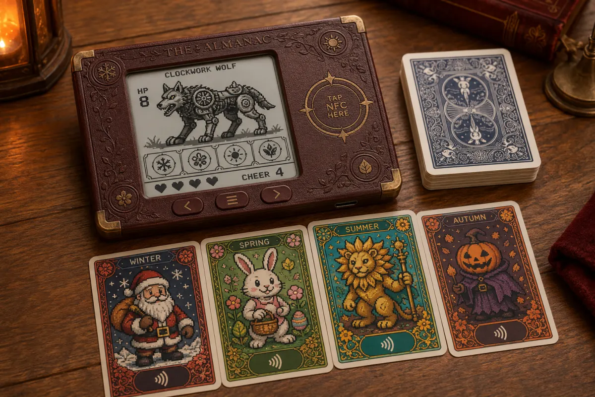 Concept art showing a tabletop Almanac console with a pixel-art Clockwork Wolf beside four physical seasonal hero cards.
